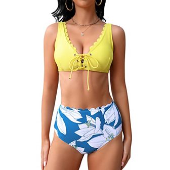 Women's Bikini Set Fashion Floral Two Piece Swimsuit Lace Up High Waisted Tummy Control Bathing Suit