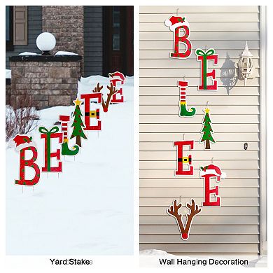 Glitzhome 7 Sets Believe Christmas Yard Stakes, 23" H Metal Garden Ornaments Wall Decor