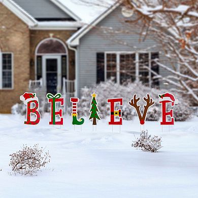 Glitzhome 7 Sets Believe Christmas Yard Stakes, 23" H Metal Garden Ornaments Wall Decor