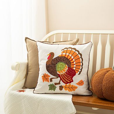 Glitzhome 18"l X 18"w Cotton Embroidered Turkey Pillow Cover