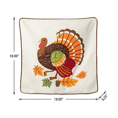 Glitzhome 18"l X 18"w Cotton Embroidered Turkey Pillow Cover