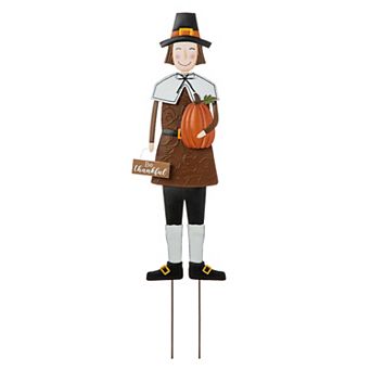 Glitzhome 36"H Metal Pilgrim Decorative Yard Signs, Thanksgiving Wall Decor Hanging Ornament