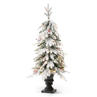 Glithome 4ft Artificial Christmas Porch Tree, Pre-lit Flocked Fir Potted Xmas Tree
