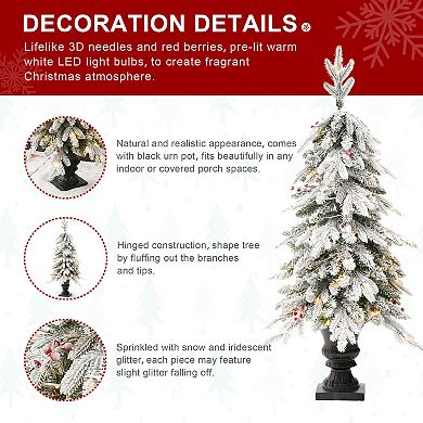 Glithome 4ft Artificial Christmas Porch Tree, Pre-lit Flocked Fir Potted Xmas Tree