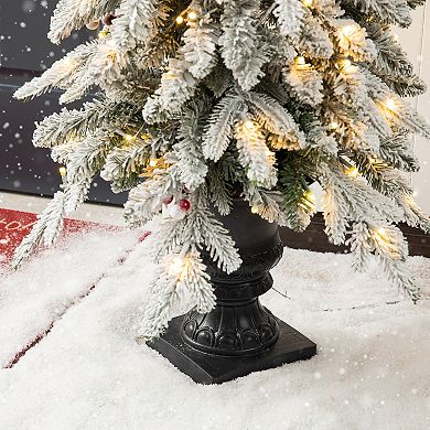 Glithome 4ft Artificial Christmas Porch Tree, Pre-lit Flocked Fir Potted Xmas Tree