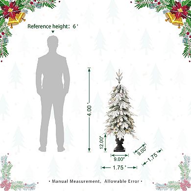Glithome 4ft Artificial Christmas Porch Tree, Pre-lit Flocked Fir Potted Xmas Tree