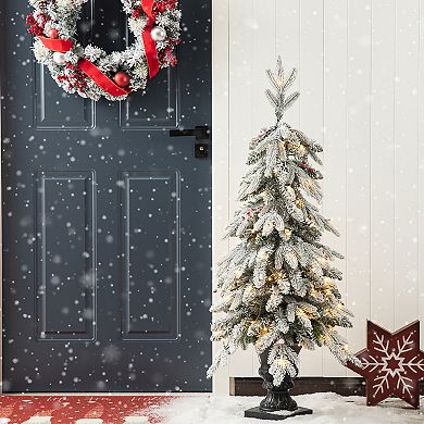 Glithome 4ft Artificial Christmas Porch Tree, Pre-lit Flocked Fir Potted Xmas Tree