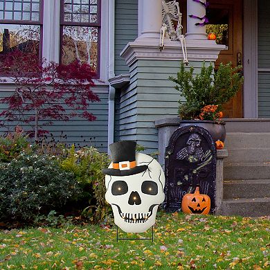 Glitzhome 38"h Lighted Halloween Metal Skull Yard Stake