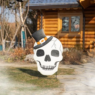 Glitzhome 38"h Lighted Halloween Metal Skull Yard Stake