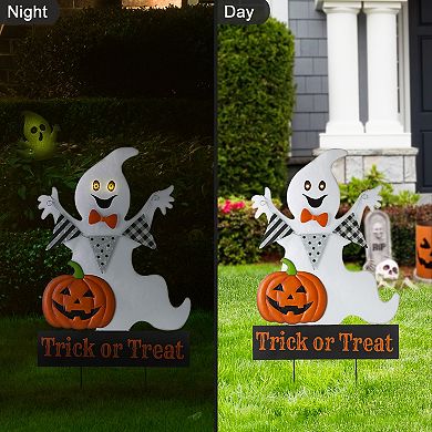 Glitzhome 32"H Ghost Yard Stake, Lighted Halloween Metal Hanging Decor