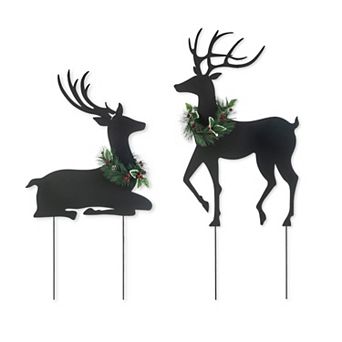 Glitzhome Set of 2 Silhouette Reindeers Yard Sign Stake, 42" H Christmas Metal Wall Hanging Decor