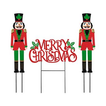 Glitzhome Set Of 2 Metal Nutcracker And Merry Christmas Yard Stake