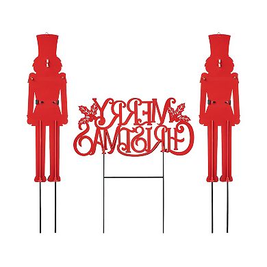 Glitzhome Set Of 2 Metal Nutcracker And Merry Christmas Yard Stake