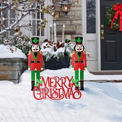 Glitzhome Set Of 2 Metal Nutcracker And Merry Christmas Yard Stake