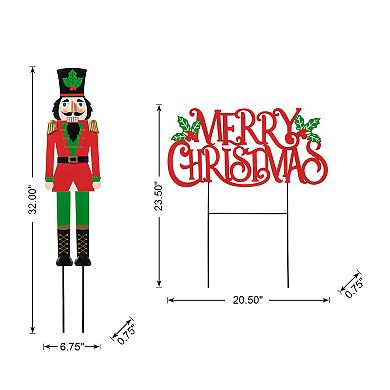 Glitzhome Set Of 2 Metal Nutcracker And Merry Christmas Yard Stake