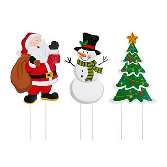Glitzhome 3 Pack Metal Santa Yard Stake, 24" H Snowman Tree Yard Sign with Stakes for Winter