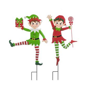 Glitzhome Set of 2 Metal Dancing Elf Yard Sign Stake, 35.75" H Christmas Wall Hanging Decoration