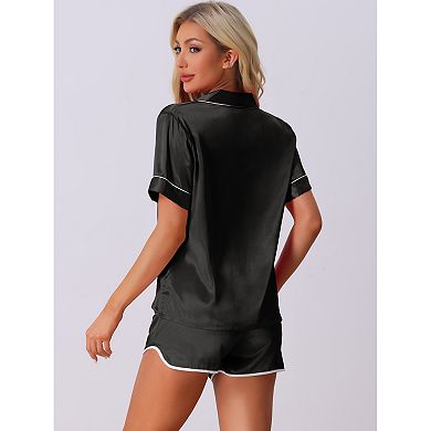 Women's Satin Silky 2 Piece Pjs Short Sleeve Sleepwear Button Down Loungewear Shorts Pajamas Set