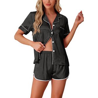 Women's Satin Silky 2 pc Short Sleeve Sleepwear Button Down Loungewear Shorts Pajamas Set