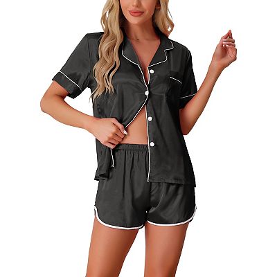 Women's Satin Silky Piece Short Sleeve Sleepwear Button Down