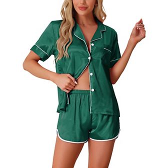 Women's Satin Silky 2 pc Pjs Short Sleeve Sleepwear Button Down Loungewear Shorts Pajamas Set