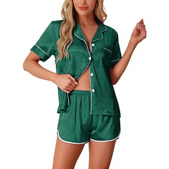 Women's Satin Silky 2 pc Short Sleeve Sleepwear Button Down Loungewear Shorts Pajamas Set