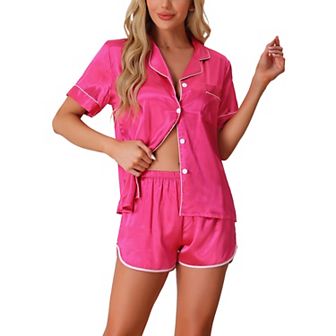 Women's Satin Silky 2 pc Short Sleeve Sleepwear Button Down Loungewear Shorts Pajamas Set