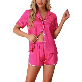 Women's Satin Silky 2 pc Short Sleeve Sleepwear Button Down Loungewear Shorts Pajamas Set