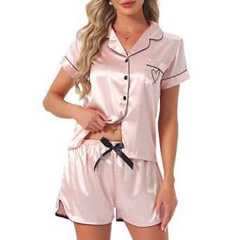 Women's Satin Silky 2 pc Short Sleeve Sleepwear Button Down Loungewear Shorts Pajamas Set