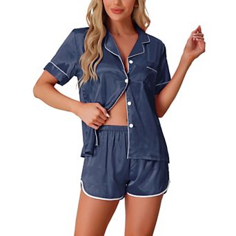 Women's Satin Silky 2 pc Short Sleeve Sleepwear Button Down Loungewear Shorts Pajamas Set