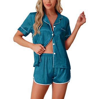 Women's Satin Silky 2 pc Short Sleeve Sleepwear Button Down Loungewear Shorts Pajamas Set