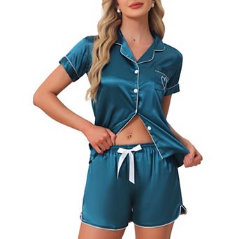 Women's Satin Silky 2 pc Short Sleeve Sleepwear Button Down Loungewear Shorts Pajamas Set