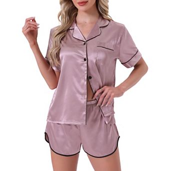 Women's Satin Silky 2 pc Short Sleeve Sleepwear Button Down Loungewear Shorts Pajamas Set
