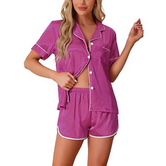 Women's Satin Silky 2 pc Short Sleeve Sleepwear Button Down Loungewear Shorts Pajamas Set