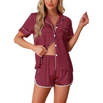 Women's Satin Silky 2 pc Pjs Short Sleeve Sleepwear Button Down Loungewear Shorts Pajamas Set