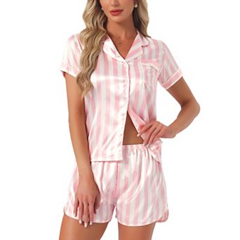 Women's Satin Silky 2 pc Short Sleeve Sleepwear Button Down Loungewear Shorts Pajamas Set