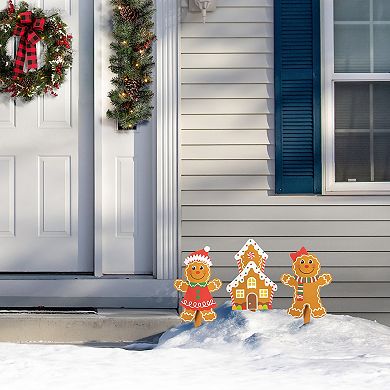 Glitzhome 15" H Wooden Gingerbread Man Christmas Yard Stakes,Set of 3