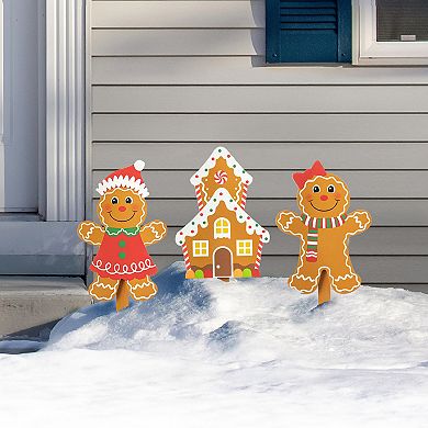 Glitzhome 15" H Wooden Gingerbread Man Christmas Yard Stakes,Set of 3