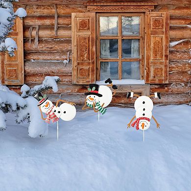 Glitzhome Set of 3 Metal Snowman Yard Sign with Stake, 24" H Christmas Wall Hanging Decoration