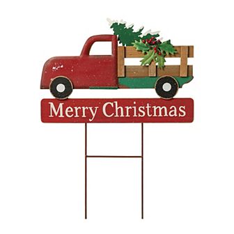 Glitzhome Wooden Metal Christmas Truck Yard Stake, Lawn Garden Standing Sign Lawn Patio Wall Decor
