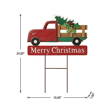 Glitzhome Wooden Metal Christmas Truck Yard Stake, Lawn Garden Standing Sign Lawn Patio Wall Decor