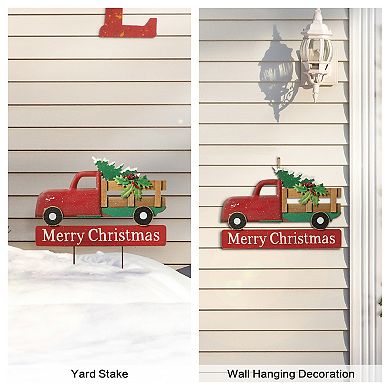 Glitzhome Wooden Metal Christmas Truck Yard Stake, Lawn Garden Standing Sign Lawn Patio Wall Decor