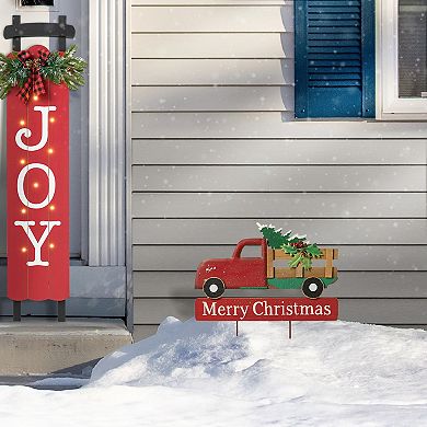 Glitzhome Wooden Metal Christmas Truck Yard Stake, Lawn Garden Standing Sign Lawn Patio Wall Decor