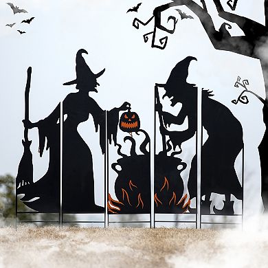 Glitzhome Set of 5 Halloween Metal Silhouette Witches with Cauldron Yard Stakes