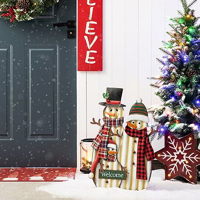 Glitzhome 30" H Metal Snowman Family Yard Stake, Christmas Outdoor Standing Hanging Display