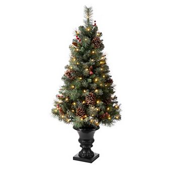Glithome 4ft Flocked Christmas Porch Tree Decor, Potted Christmas Tree With 100 Warm