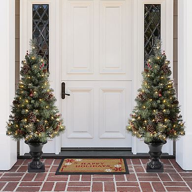 Glithome 4ft Flocked Christmas Porch Tree Decor, Potted Christmas Tree With 100 Warm