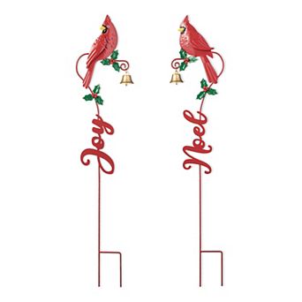 Glitzhome Set of 2 Cardinal Yard Sign Stakes, 36"H Christmas Metal JOY & NOEL Wall Decor