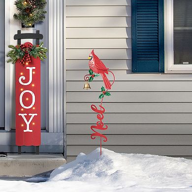 Glitzhome Set of 2 Cardinal Yard Sign Stakes, 36"H Christmas Metal JOY & NOEL Wall Decor