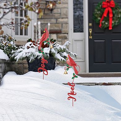 Glitzhome Set of 2 Cardinal Yard Sign Stakes, 36"H Christmas Metal JOY & NOEL Wall Decor